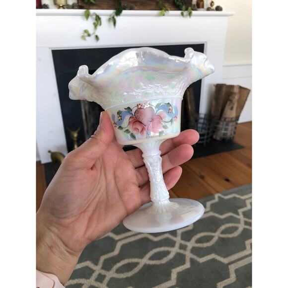 Vintage Fenton Hand Painted Ruffled Pedestal Dish - Picture 4 of 9